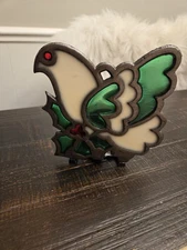 Vtg Dove Stained Glass Candle Holder Christmas Holly Enesco 