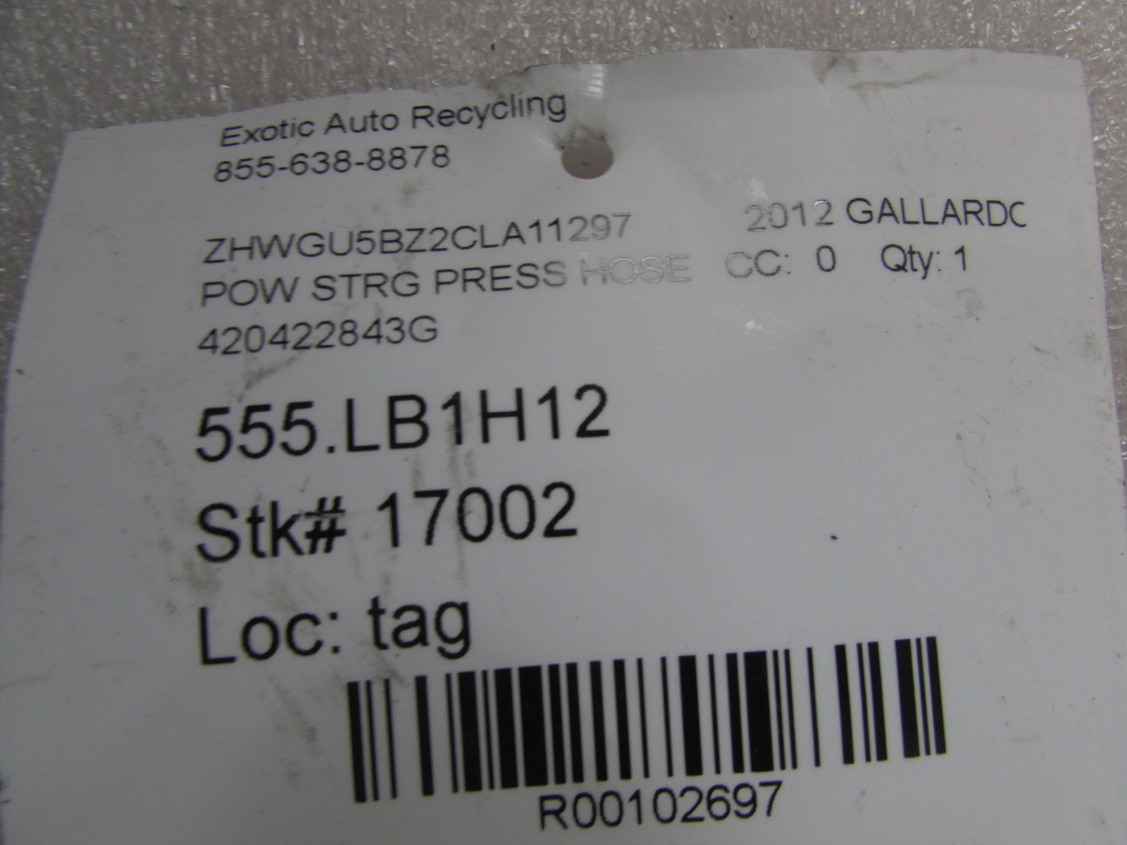 Lamborghini Gallardo,Steering Suction Line, Used, P/N 420422843G