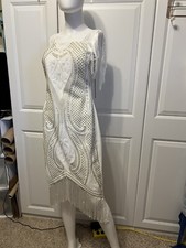 Women's Size 8 White Fringe MIDI Formal Dress Beaded Sparkling Sequined NWT