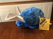 Vintage Eden Toy Wind Up Musical Blue Plush Mouse On Wooden Base 3 Blind Mice