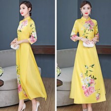 Lady Chinese Cheongsam Dress Flower Print 3/4 Sleeve Frog Buttons Vintage Ethnic