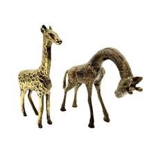 Vintage Pair of Brass Giraffe Figures 5.25" Neck Bent down & 6" Neck Extended Up