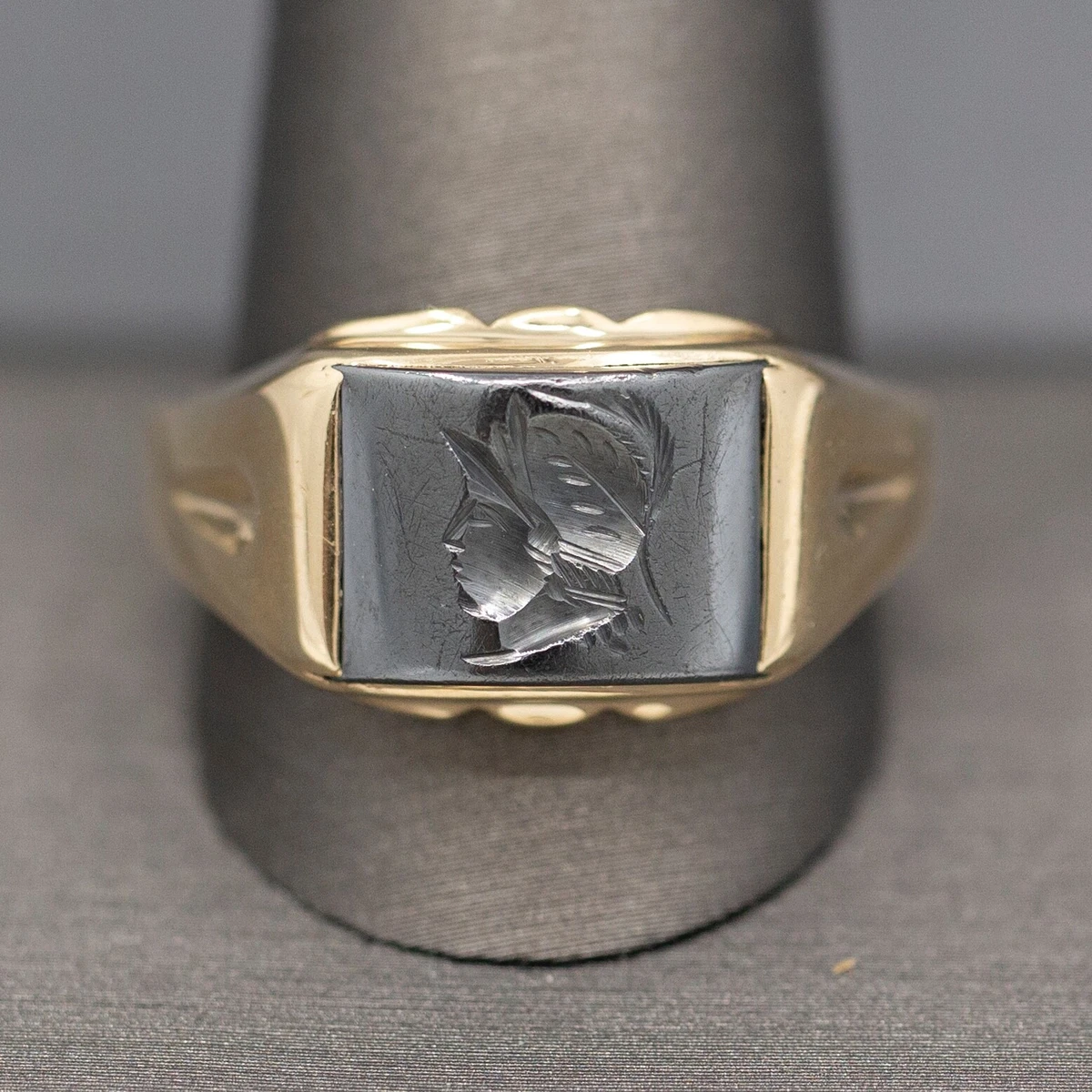 Vintage Hematite Roman Centurion Soldier Intaglio Signet Ring in