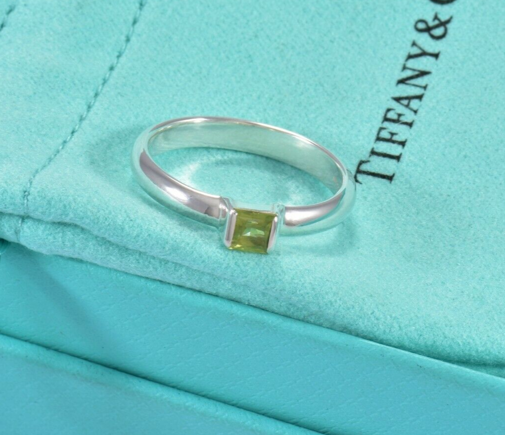 Tiffany Co Sterling Silver Green Peridot Square Stack Band Ring Size in  Box
