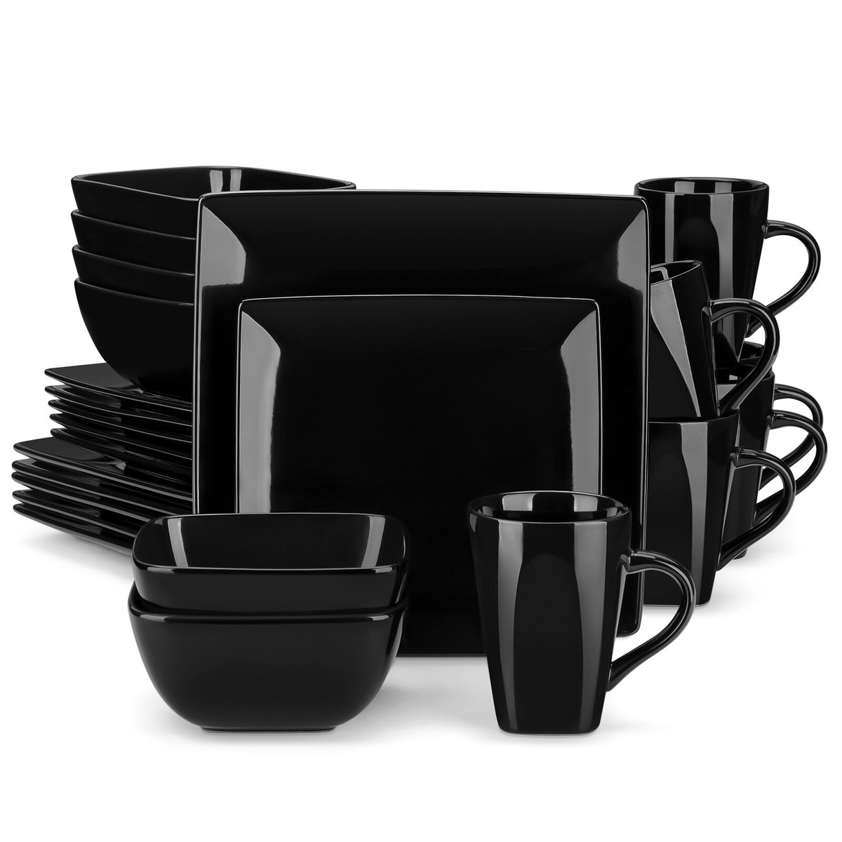 Black Dinner Set 24pc Plates and Bowls Set Stoneware Dining Set Service for 