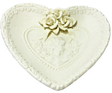 Vintage Dresser Trinket Dish Ceramic Cameo Heart Shaped Roses Flowers Bows