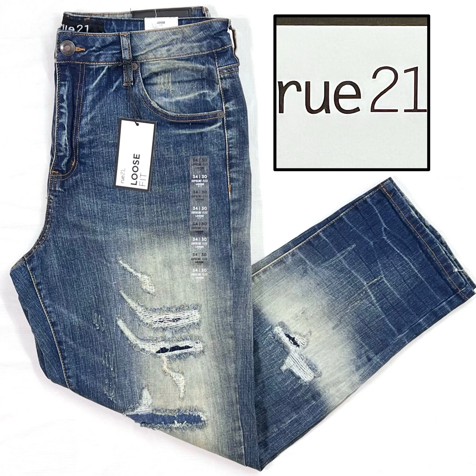 Pantalon jean homme taille 34x30 neuf avec étiquette RUE21 Supreme Flex coupe ample vieilli denim foncé