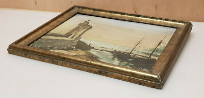 Peinture à L’huile Ancienne Sur Bois – Marine Phare Et Bateaux – Signée Bouleau 1908