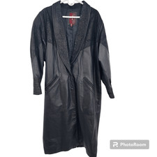 Vintage G-iii Black Full-length Leather Trenchcoat Style With Design Coat Sz Xl