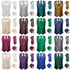 Red Purple Green Mens Waistcoats Paisley Floral Solid Vest Tie Set Wedding