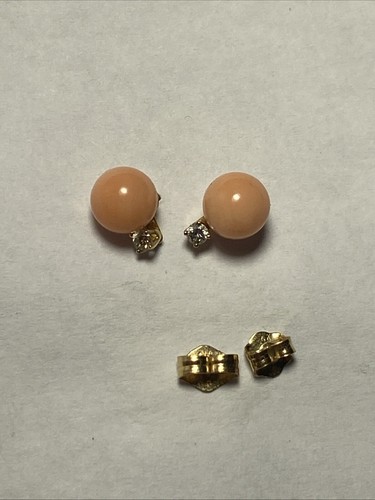 Pierced Earrings Diamonds And Angel Skin Coral Vintage 14k Yellow Gold Dainty - Picture 3 of 15