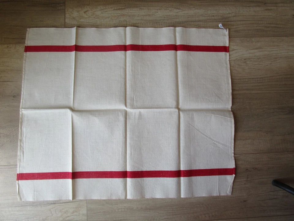 2 Torchons en toile métis lin "Fleur bleue" écrue / rayures rouges  Agalys N°2 - Photo 2/4