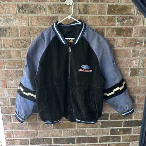 Ford Racing Jacke Herren XL schwarz blau NASCAR Wildleder Varsity Bomber kariertes Logo