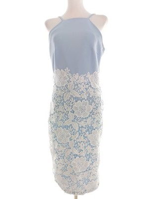 PINK BOUTIQUE Damen Sommerkleid Gr. 38 Blau Ärmellos Spitzenstickerei Midi