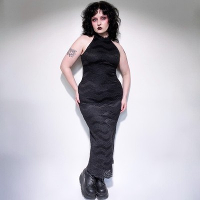 Vintage 90s All That Jazz Black Lace Mock Neck High Back Slit Maxi Dress Size S