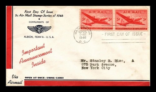 US COVER FIRST DAY OF ISSUE 5C AIRMAIL STAMPS WASHINGTON DC TO NEW YORK CITY