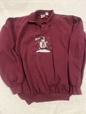 Vtg 90s Wek Snowman 2 Sided Collar Polo Sweatshirt USA Made Sz 2XL Burgundy