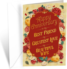 Greetings Wife Anniversary Card, Made in America, Thick Card Stock with Premium