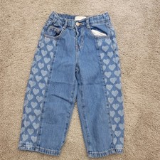 ZARA Kids Girls Heart Print Denim Jeans Sz 4 Years 104cm Elastic Waist 90s Style
