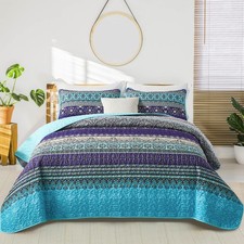 WONGS BEDDING Boho Queen Quilt Set, Blue Purple Bohemian Queen Quilt Bedding Set