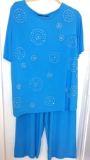 Antthony Pant Set 2-piece Slinky  Blue Top Cropped  Pants Pockets Size Large