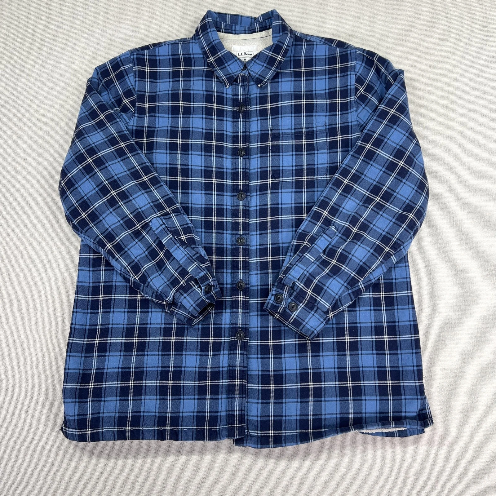 L.L. Bean Shirt Mens M Blue Plaid Flannel Fleece Lined Long Sleeve Button Casual