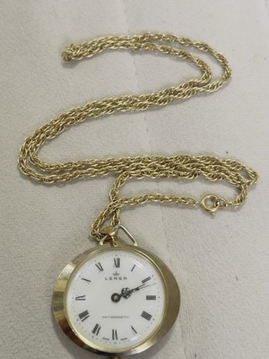 Lenga Swiss Made Mechanical Pocket Watch 17 Jewels Gold Roman Numerals Chain