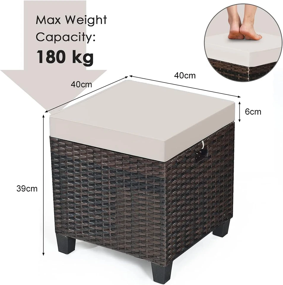 2-Piece Rattan Patio Ottoman, All Weather Wicker Ottoman W/Removable Cushion & S - Image 3 of 4