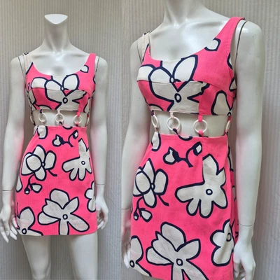 VTG 1960s DALE CALIFORNIA Mini Dress Cut Out Peekaboo Flower Power Mod GoGo - S - Photo 1/4