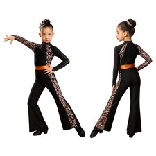 Girls Latin Figure Skating Jumpsuit Shiny Bell-bottom Bodysuit Dancing Clothes