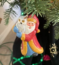 House of Hatten by Susan M Smith Christmas Ornament Santa & Snowy White Owl 1999