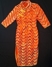 Vintage Chinese Qipao Dress Orange Gold Brocade Sheer Overlay Mandarin C