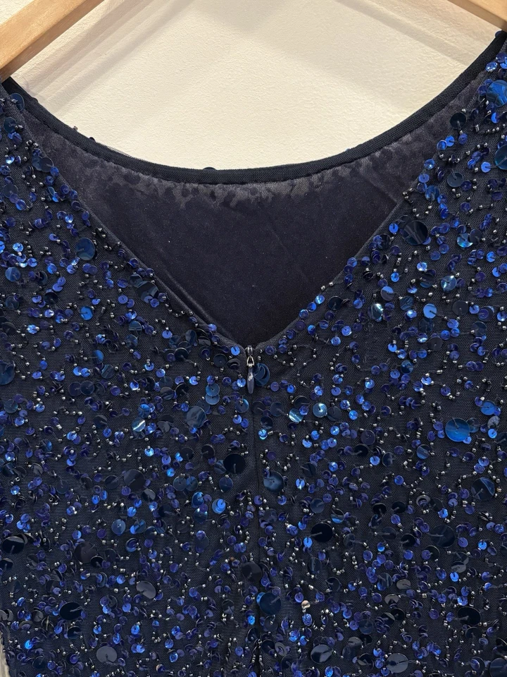 Vestido Frank Lyman Talla 8 Manga Larga Azul Marino Lentejuelas Cóctel Fiesta Noche Foto 4 de 4