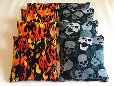 FLAMES and SKULLS HARLEY 8 CORNHOLE BEAN BAGS TAILGATE BAG TOSS GAME REGULATION