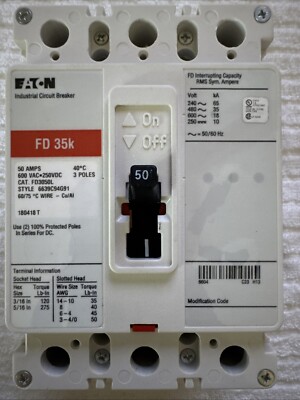 FD3050L CUTLER HAMMER 3 Pole 50A 600V CIRCUIT BREAKER