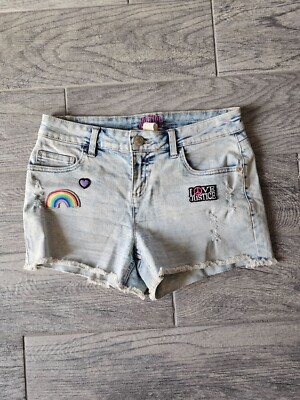 Girls Justice Cut Off Denim Jean Bleached Shorts Size 18 Blue Distressed  Rainbow