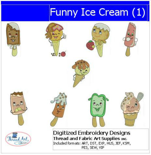 Embroidery Design Set - Funny Ice Cream(1) - 9 Designs - 9 Formats - USB Stick - Picture 1 of 9