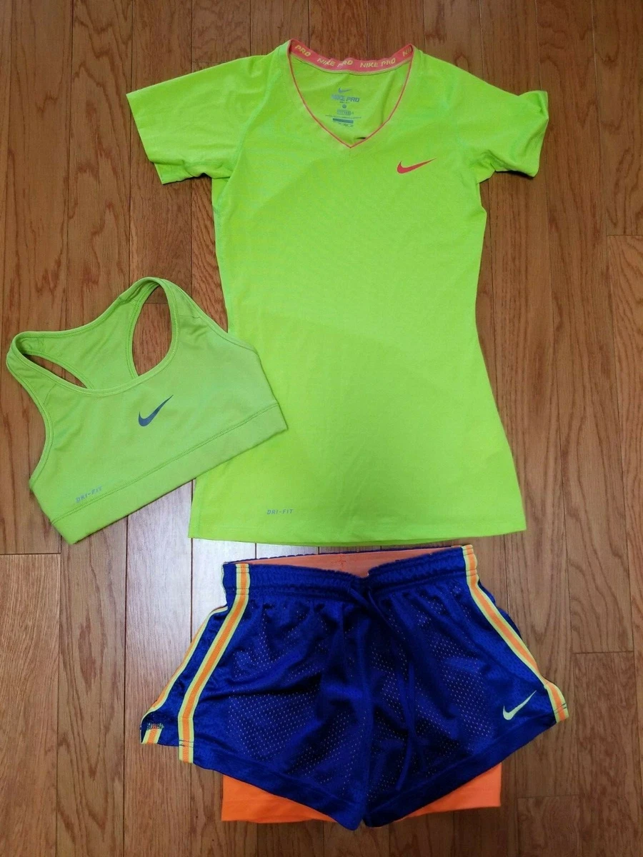 NIKE PRO COMBAT YELLOW BLUE AND ORANGE TOP/ SHORTS/BRA SET/OUTFIT SIZE XS