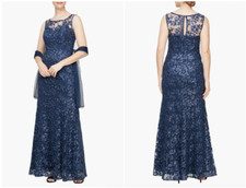 ALEX EVENINGS EMBROIDERED ILLUSIONS NECK NAVY GOWN sz 8