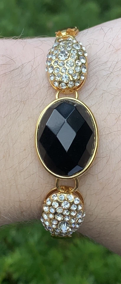 Винтажный браслет Beria коллекции подписанный 18K золото над бронзой искусственного оникса и стразы - Изображение 3 из 4