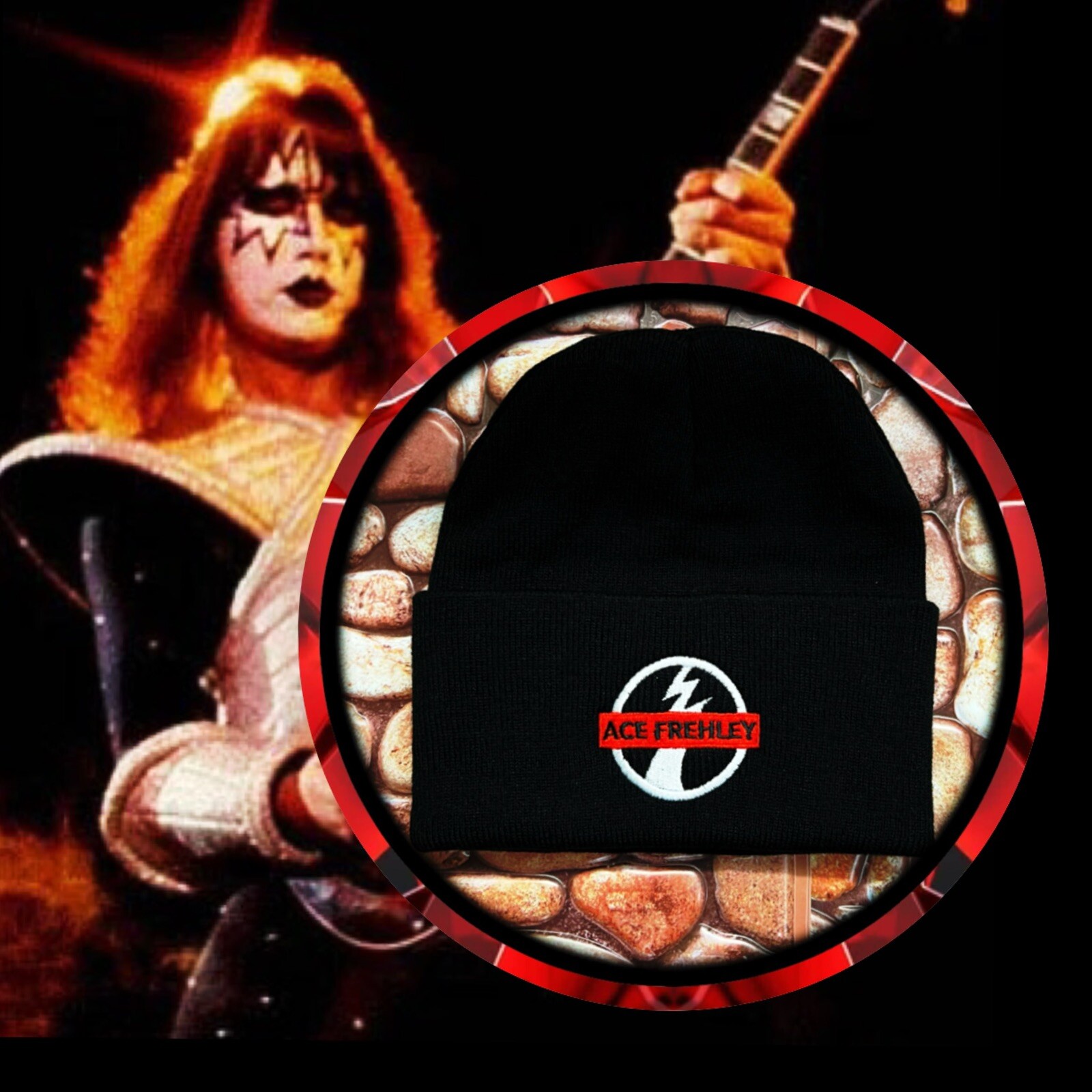 ACE FREHLEY KISS BEANIE EMBROIDERED BLACK 🇺🇸 KISS MERCHANDISE