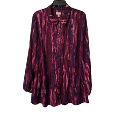 Lori Goldstein LOGO Womens Peplum Button-Down Blouse Size L Polyester/Spandex Pu