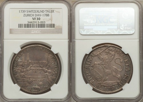 Rare 1739 Switzerland Taler Thaler Zurich City View Silver Coin NGC Graded VF30 - Picture 2 of 2