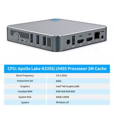 Intel Mini PC Celeron N3350 2.4GHz Windows 10 Pro 4GB 64GB 2.4/5.8GHz WiFi BT4.0