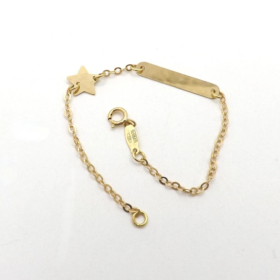 Solid 18k Gold Id Nameplate Bracelet Star Cable Link Child Italy 750 5in New - Image 3 of 4