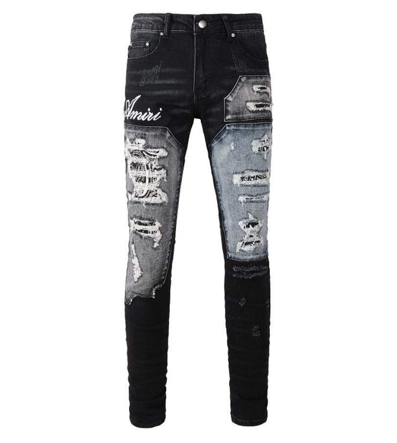 Men's Black Denim Jeans Patch Ripped Stretch Pants Punk Slim