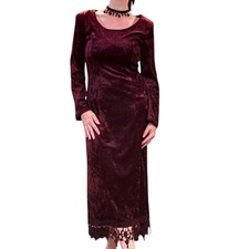 90s Burgundy Crushed Velvet Longsleeve Midi Dress Gothic Sz 6 Crochet Lace