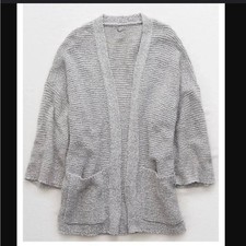 Aerie light grey cable knit cardigan sweater with pockets