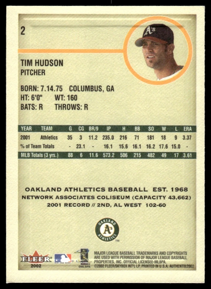 2002 Fleer Authentix Tim Hudson Oakland Athletics #2 - Image 2 of 2
