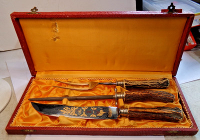 Vintage  KLA-TRA-SO  Solingen CARVING SET Etched Blades 1950s Stag Handles